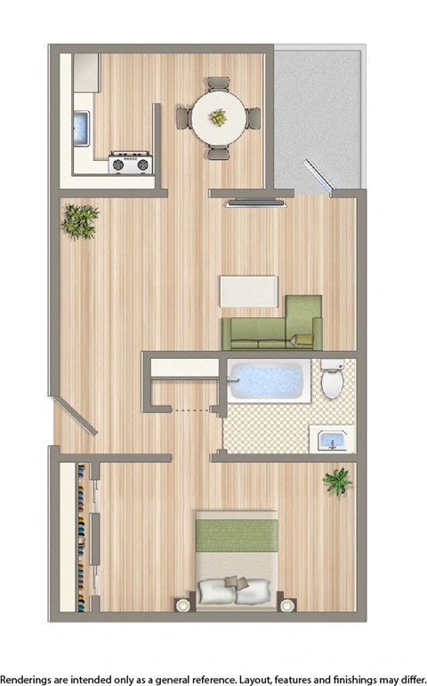 frontenac one bedroom apartment floor plan rendering